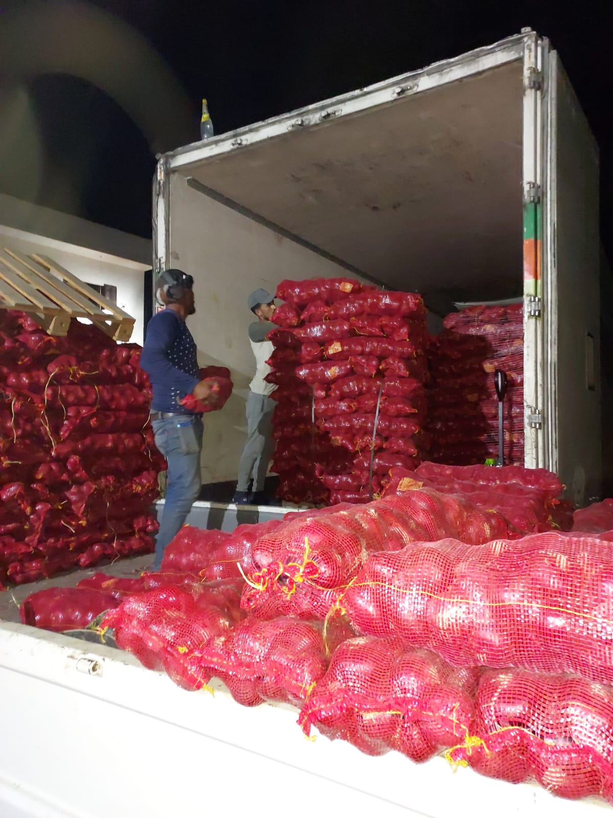 Loading onion bags into refrigerated truck